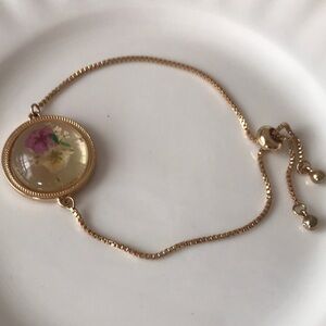 Dainty Gold box Chain Bracelet with Domed glass painted Floral Pendant